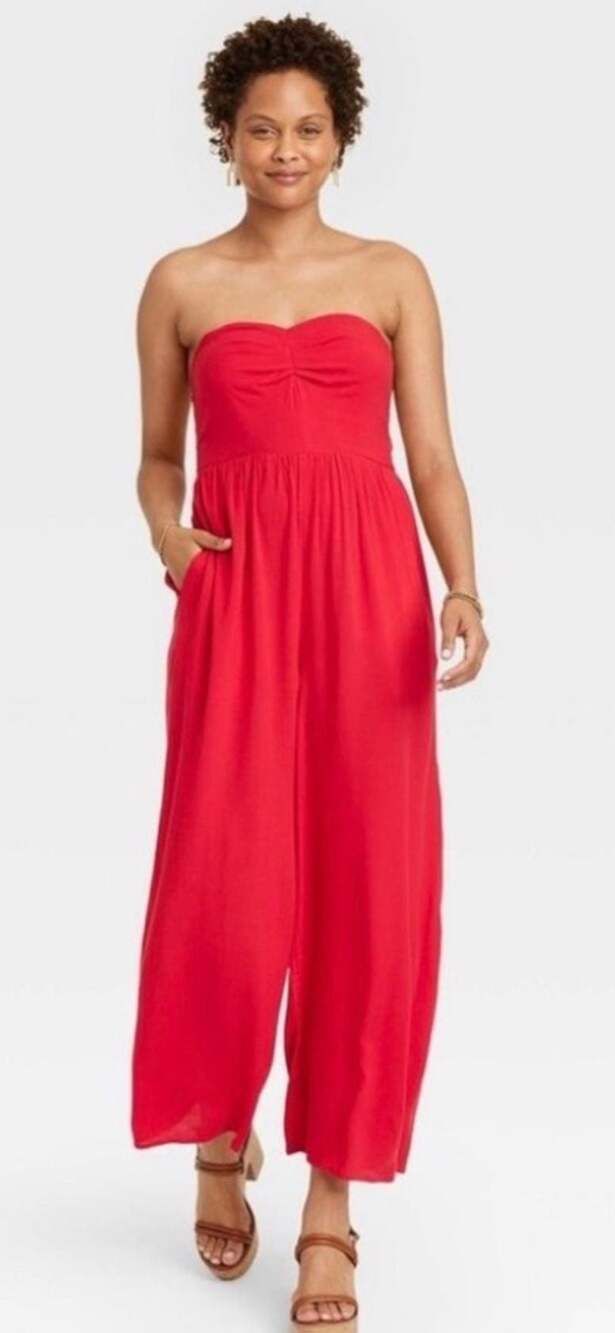Knox Rose Smocked Back Wide Leg Cami Jumpsuit Large Red